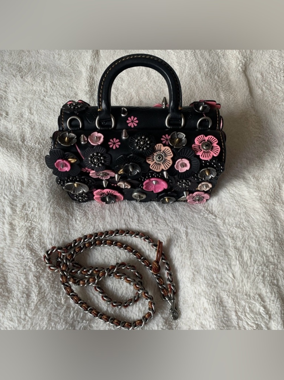 Coach 1941 Black Pink Tea Rose Appliqué Double Dinky Bag